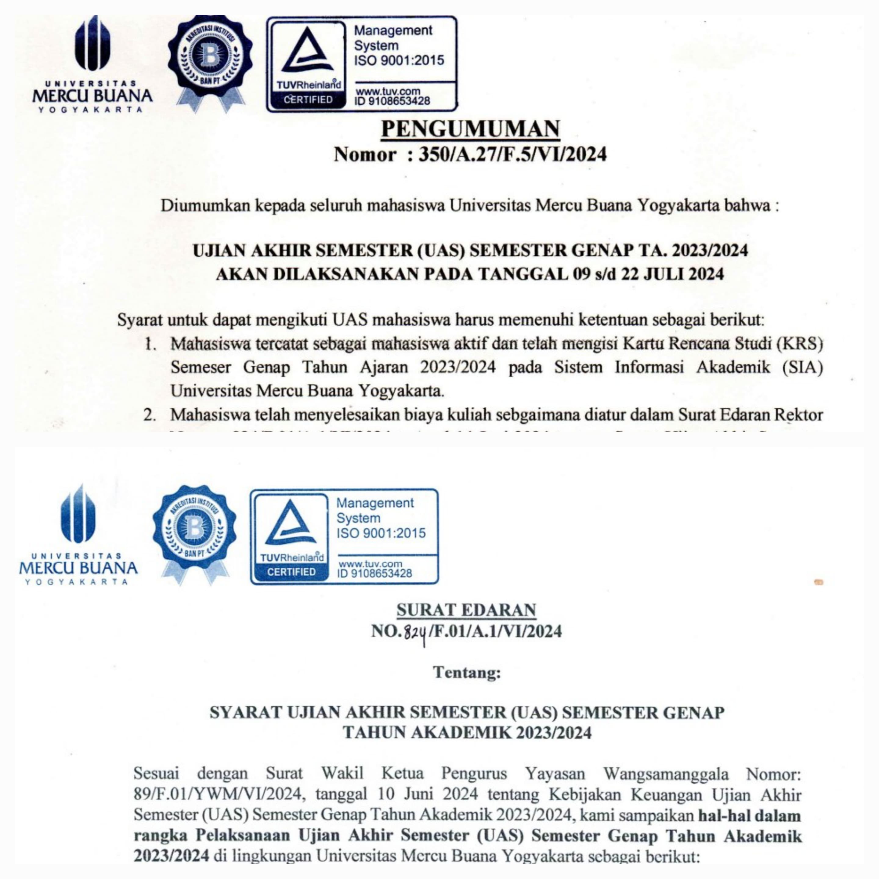 Image Syarat Ujian Akhir Semester Genap Tahun Akademik 2023/2024 di Universitas Mercu Buana Yogyakarta